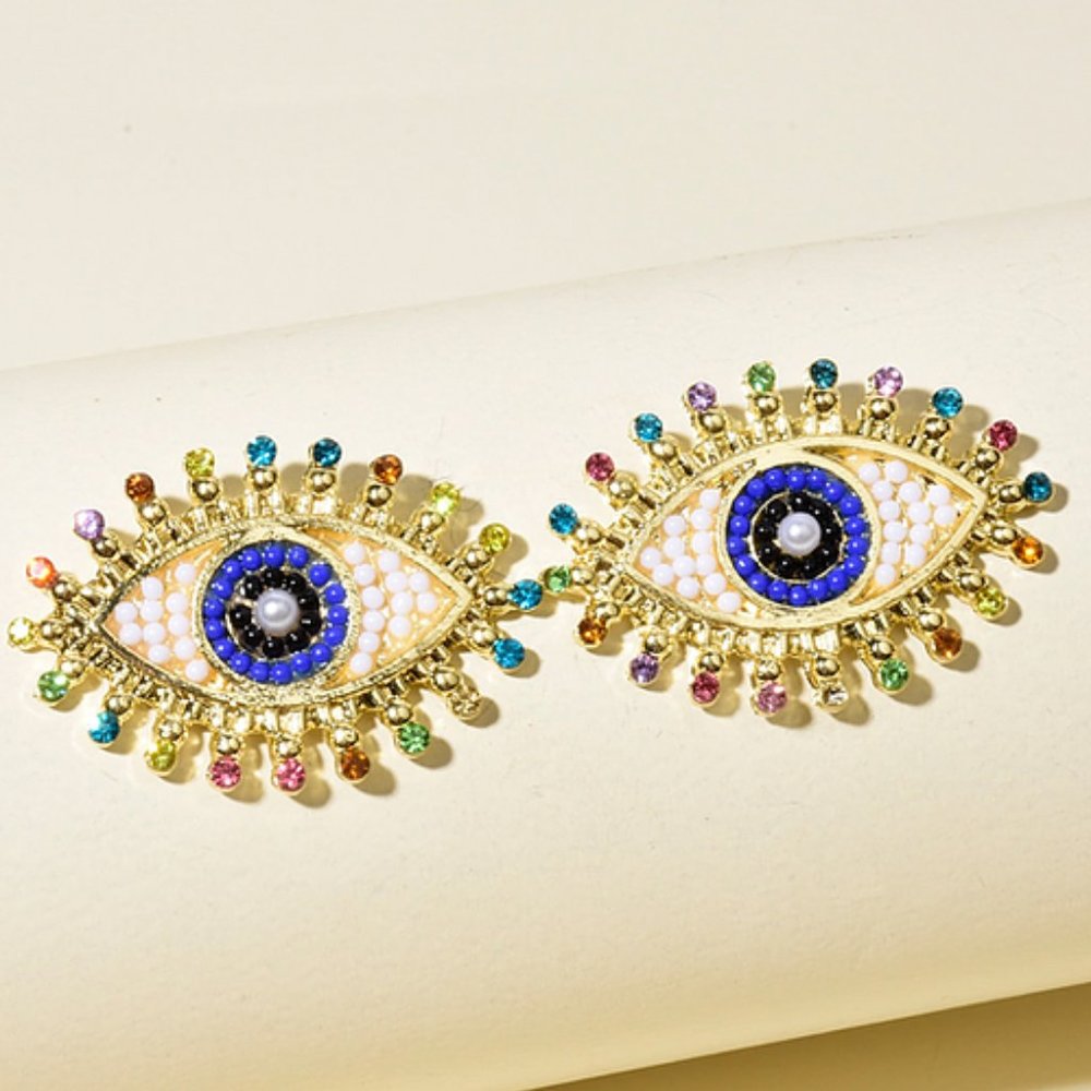 Gold Beaded‎ Rhinestone Eye Stud Earrings BOHO RAINBOW CUTE STUDS CLASSIC FUN